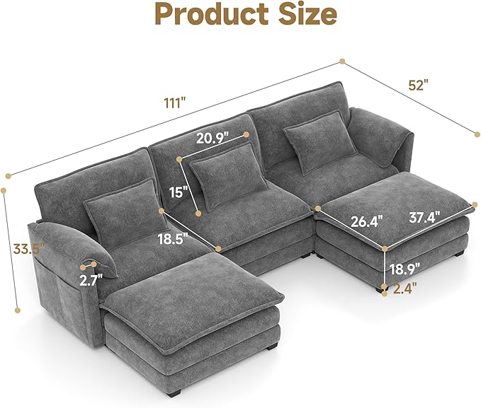 Real Relax 111'' Modular Sectional Sofa, U Shaped Chenille Convertible Couch with Movable Ottoman, 6 Pillows and 2 Armrest Pillows for Living Room, Office and Leisure Places, Dark Gray
