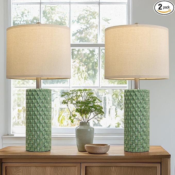 26" Tall Table Lamp for Living Room -Green Lamps Set of 2 Modern Ceramic Lamps for Night Stands, Bedside Lamp for End Tables, Nightstand Lamps for Bedroom