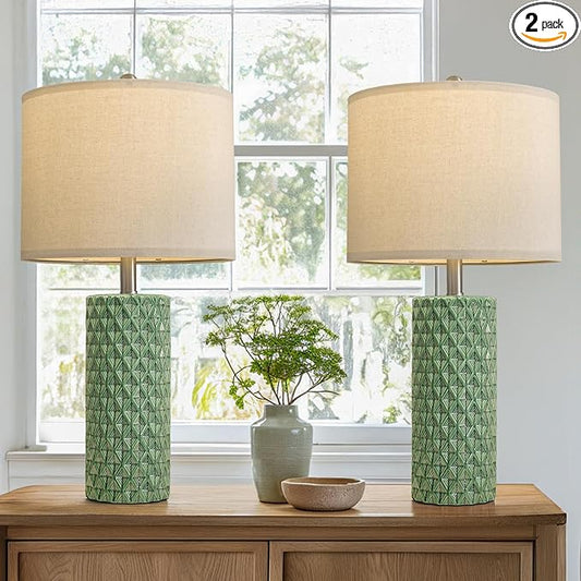 26" Tall Table Lamp for Living Room -Green Lamps Set of 2 Modern Ceramic Lamps for Night Stands, Bedside Lamp for End Tables, Nightstand Lamps for Bedroom