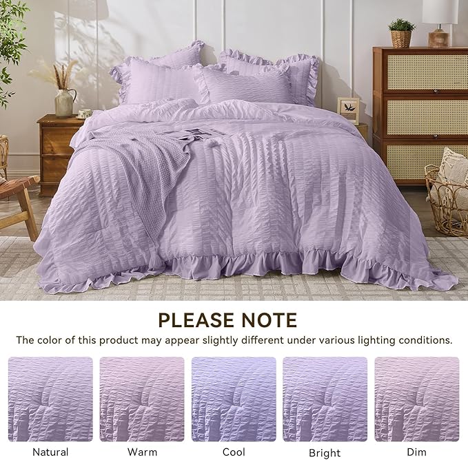 JOLLYVOGUE Lavender King Comforter Set, 3 Pieces Seersucker Comforters King Size, Lightweight & Fluffy Bedding Sets King for All Season with 1 Ruffle Comforter and 2 Ruffle Pillowshams