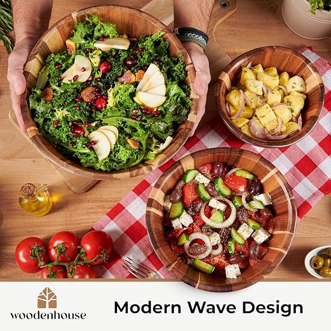 Woodenhouse Wooden Salad Bowl Set, Salad Bowls Set of 3 - Wavy Design Salad Bowl Set for Serving, Handmade, Durable and Stylish Natural Wood Dining Accessory