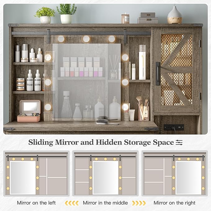 EnHomee 47.2" Farmhouse Makeup Vanity Desk with Sliding HD Mirror and Lights, Vanity Table with 4 Drawers & RGB Cabinets, Modern Lighted Vanity Table for Bedroom, Light Rustic Oak
