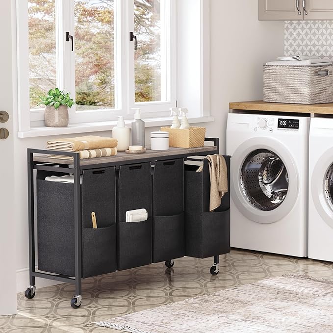 HOOBRO Laundry Sorter 4 Sections, Laundry Hamper with Wheels, 4 × 10.5 Gal (39.8L), Rolling Laundry Basket, Pull-Out and Removable Oxford Fabric Bags, Greige and Black BG04XY01