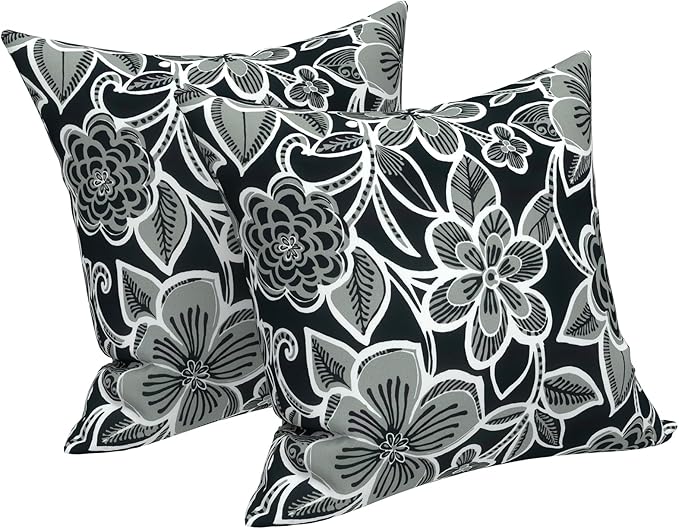 LVTXIII Outdoor Throw Pillows, Decorative Throw Pillows with Inserts, 16"x16" Square Pillows for Bed, Couch, Sofa and Patio Furniture, Set of 2, Flower Black