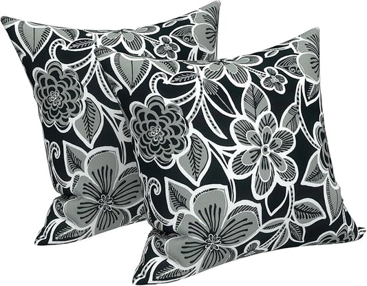 LVTXIII Outdoor Throw Pillows, Decorative Throw Pillows with Inserts, 16"x16" Square Pillows for Bed, Couch, Sofa and Patio Furniture, Set of 2, Flower Black