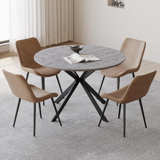 46.4" Round Dining Table Set with 4 Chairs, Modern Dining Set with Comfortable PU Leather Chairs, Sturdy MDF Table with X-Shaped Base, Easy Assembly, Ideal for Dining Room or Kitchen