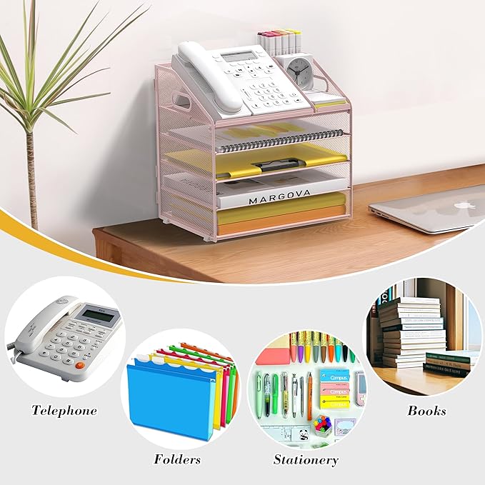 Letter Tray Paper, 5 Tier Desk Organizer with Pen Holder and Handle, Mesh File Organizer Paper Sorter Metal Desktop Document Shelf for Office Home Classroom - Pink
