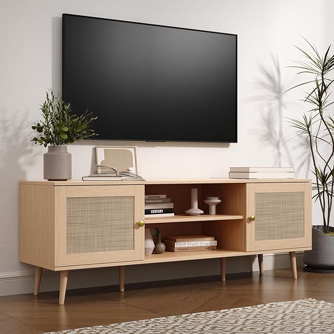 Rattan TV Stand for 55/60/65/70 inch TV, Boho 59" Entertainment Center with Storage, Modern Mid Century Media Console with Rattan Doors and Adjustable Shelf, Wood TV Stand for Living Room, Oak