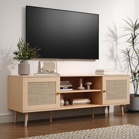 Rattan TV Stand for 55/60/65/70 inch TV, Boho 59" Entertainment Center with Storage, Modern Mid Century Media Console with Rattan Doors and Adjustable Shelf, Wood TV Stand for Living Room, Oak
