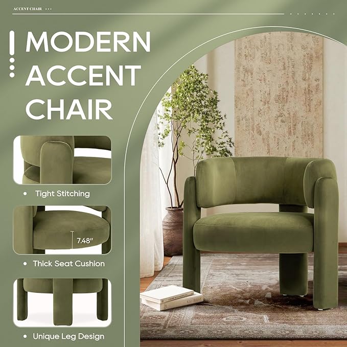 COLAMY Modern Velvet Accent Chair Set of 2, Upholstered Barrel Chairs, Comfy Side Arm Chairs with 3 Legs for Living Room, Bedroom, Reading, Green
