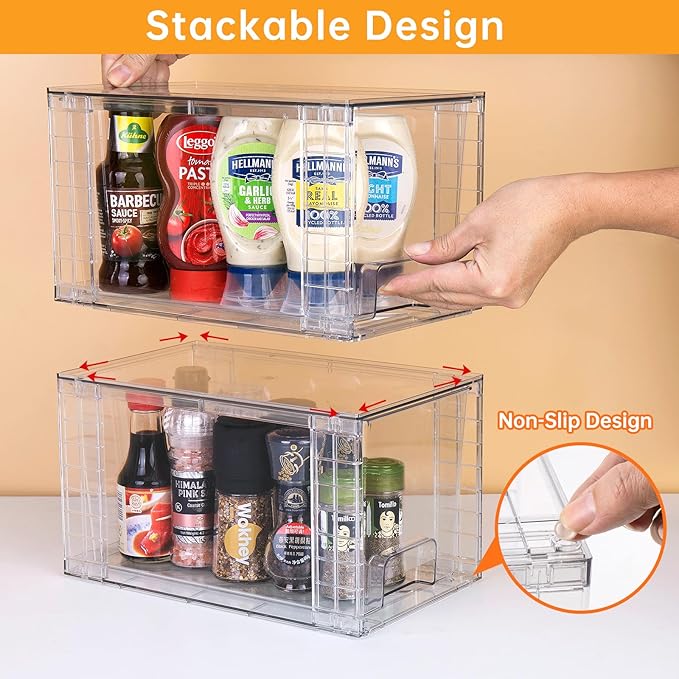 2Pack Large Stackable Kitchen Storage Drawers, Clear Foods Organizer Bins with Handles, Easily Assemble for Bathroom, Kitchen, Pantry, Cabinet, Closet(XL-Down Handle)