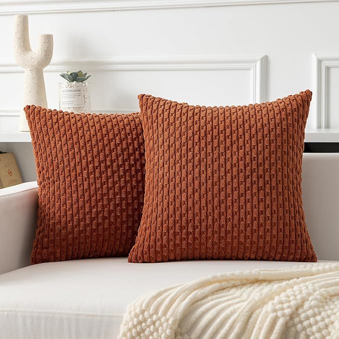 Kevin Textile Fall Throw Pillow Covers Soft Corduroy Decorative Set of 2 Boho Striped Pillow Covers Pillowcases Farmhouse Home Decor for Couch Bed Sofa Living Room 16x16 Inch Rust Brown