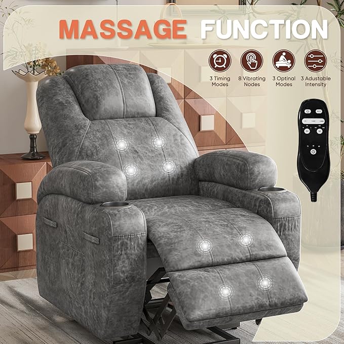 Electric Power Lift Recliner Chair with Massage for Elderly Corduroy Fabric Recliner Single Sofa with Cup Holders, Side Pockets and Remote Control for Living Room Bedroom (Leathaire, Light Gray)