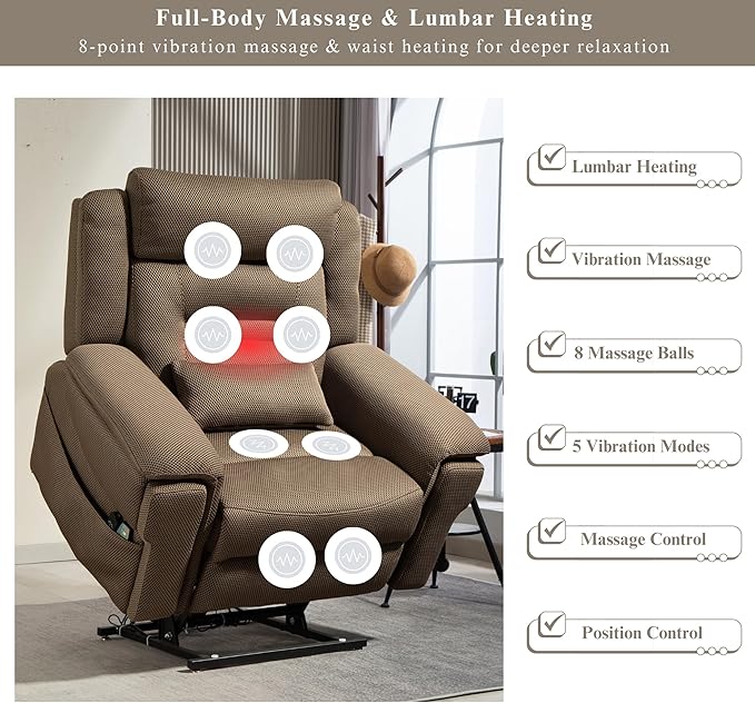 Big Man Power Lift Recliner for Elderly Adults 28 Inch Wide Seat, Lay Flat Lift Chair with Heat Massage, Cup Holder & Wireless Phone Charger, USB Type C Charging, Big Tall 400 lbs