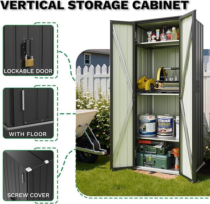 Patiowell 28 Cuft Outdoor Storage Cabinet, Metal Storage Shed with 3 Adjustable Shelves, Indoor Outdoor Vertical Waterproof Tool Shed with Lockable Door for Patio Garden Backyard, Black