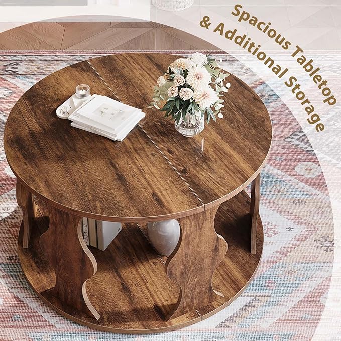 HSH Round Wood Coffee Table, Rustic Brown Circle Center Table with Storage, Farmhouse Wooden Living Room Coffee Tea Tables in Small Room, Unique Vintage 2 Tier Circular Middle Cocktail Table, 31.5 in