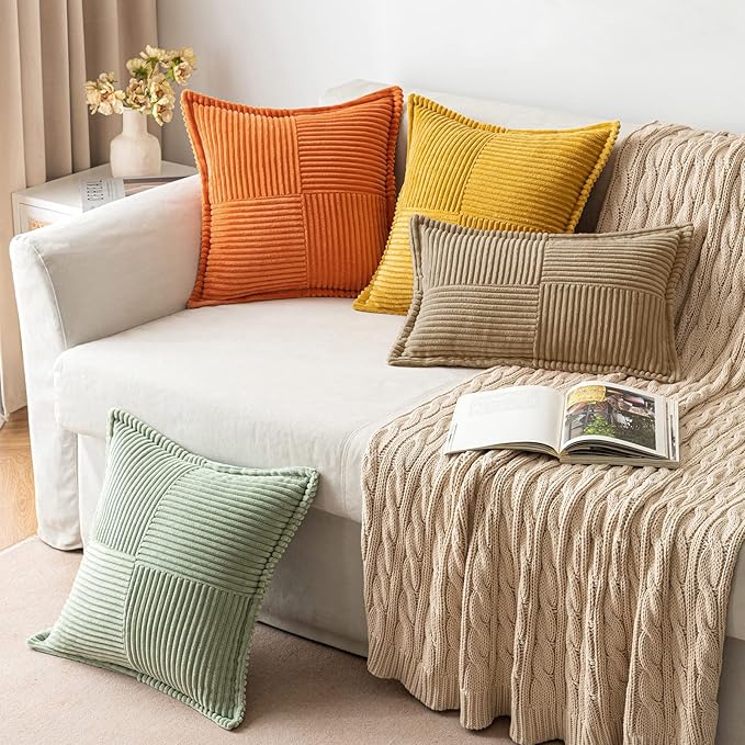 MIULEE Decorative Throw Pillow Covers for Couch Bed Livingroom 16x16 Inch Set of 2 Khaki Boho Accent Throw Pllows Broadside Striped Patchwork Soft Corduroy Pillowcases