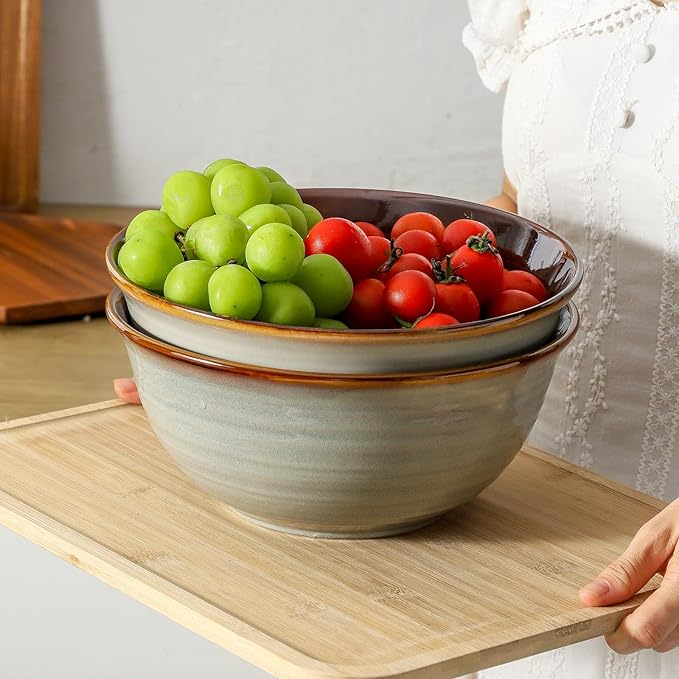 MEKY Serving Bowls, 84oz Ceramic Mixing Bowls for Salad Pasta Soup Pho Pasta Ramen, 9 Inch Large Kitchen Durable Bowls for Baking Cooking Party Dinner, Microwave & Dishwasher Safe,Set of 2, Brown