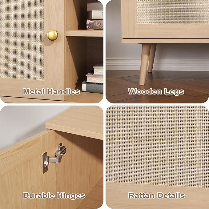 Rattan TV Stand for 55/60/65/70 inch TV, Boho 59" Entertainment Center with Storage, Modern Mid Century Media Console with Rattan Doors and Adjustable Shelf, Wood TV Stand for Living Room, Oak