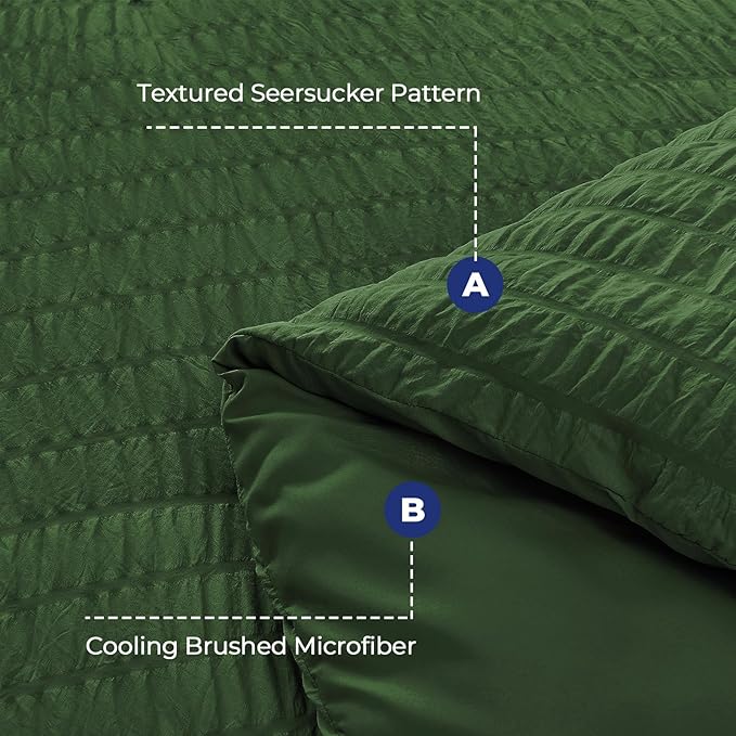 HYMOKEGE Dark Green Twin Comforter Set Seersucker 5 Pieces, All Season Luxury Bed in a Bag Queen for Bedroom, Bedding Set with Comforter, Sheets, Pillowcase & Sham