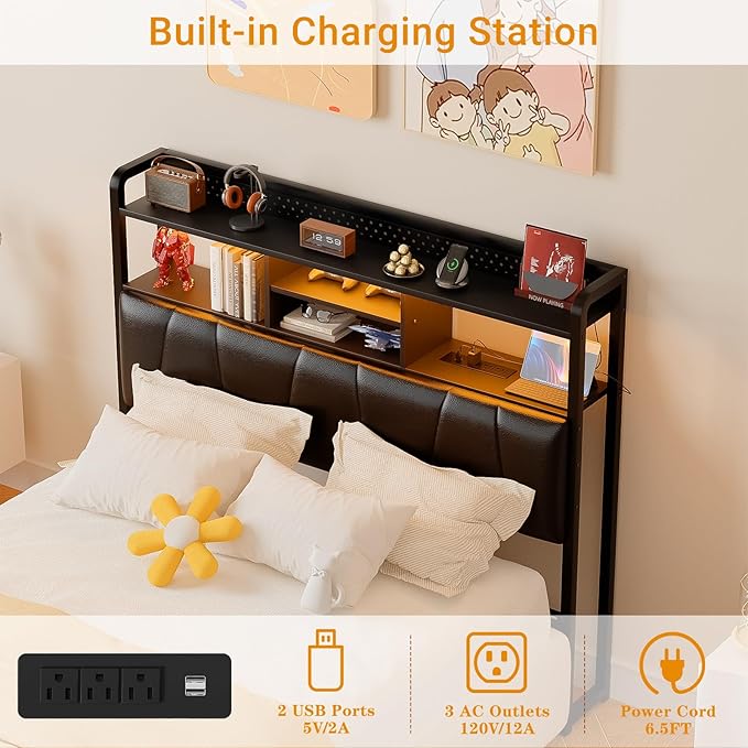 Unikito Headboard for Full Size Bed Frame, Upholstered Head Board with Outlets, USB Ports and LED Light, Comfortable Leather Headboards with Storage Shelf, Sturdy Full Bed Headboard Only, Black