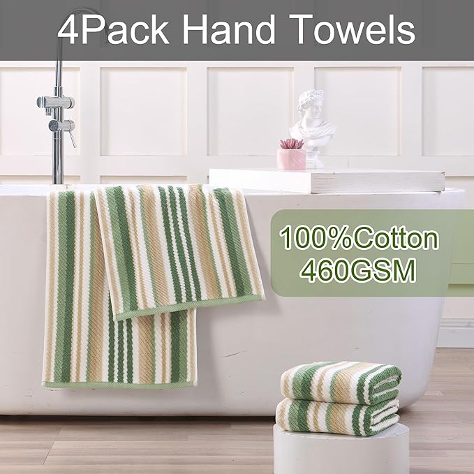 Green Hand Towels Set of 4, 16"x27" - 100% Cotton | Quick Dry | Soft | Absorbent | Lightweight, Striped Hand Towels for Bathroom & Guest, Luxury Towel Set for Showering, Sage and Beige Stripes