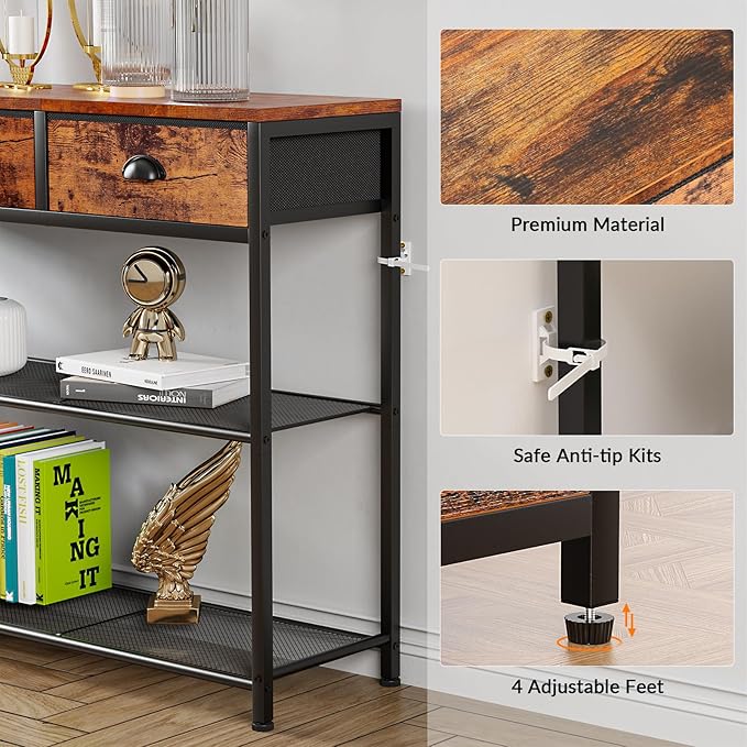 Furologee Entryway Table, 38'' Console Sofa Table with 3 Fabric Drawers, Industrial Entry Way Table with Storage Shelves, Display Shelf for Living Room, Hallway, Entrance, Foyer, Rustic Brown