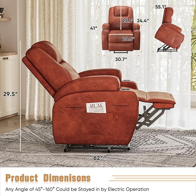 Power Lift Recliner Chair with Massage Electric Lift Chair for Elderly, Ergonomic Recliner with Cup Holders & Side Pockets, Modern Single Sofa for Living Room (Leathaire, Red Brown)