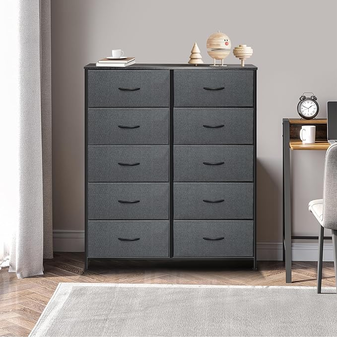 Dresser for Bedroom with 10 Drawers, Chest of Drawers, Storage Drawers Organizer Unit, Grey Wide Fabric Dresser with Fabric Bins for Closet, Living Room, Entryway (Grey and Charcoal Black)