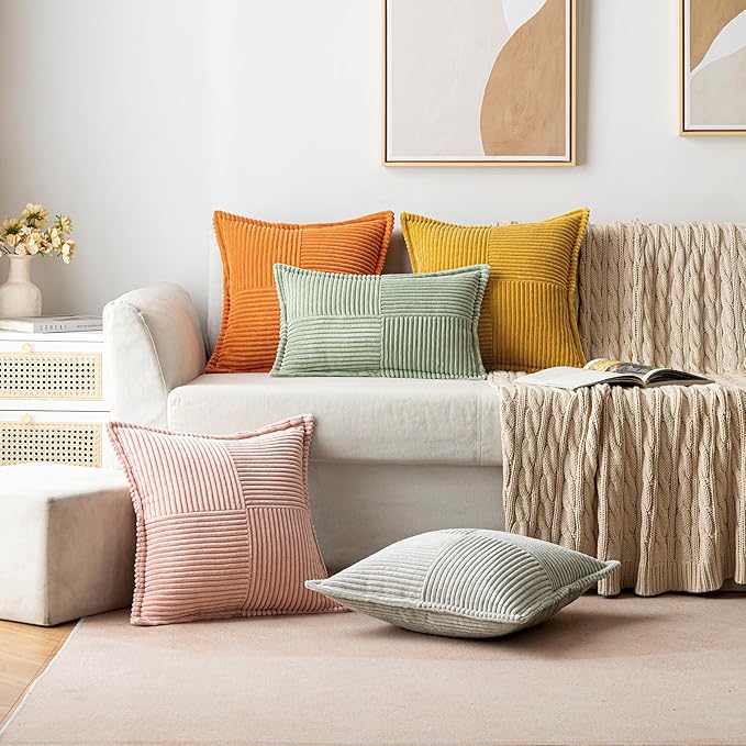 MIULEE Burnt Orange Fall Decorative Lumbar Throw Pillow Covers for Couch Bed Livingroom 12x20 Inch Set of 2 Boho Accent Throw Pllows Broadside Striped Patchwork Soft Corduroy Pillowcases