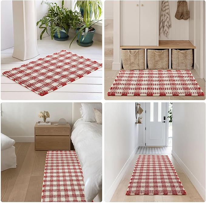 Waffle Bath Mat, Boho Bathroom Rugs Non Slip Washable Absorbent Checkered Bathroom Mat Quick Dry Cute Bath Mat, 30"x20" Red and White