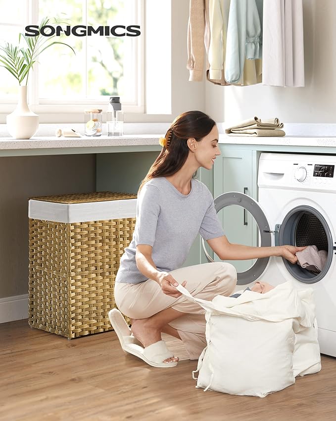 SONGMICS Laundry Hamper with Lid, 90L Clothes Hamper with 2 Removable Liner Bags, 6 Mesh Bags, Wicker Laundry Basket, Double Laundry Hamper for Bathroom, 13 x 18.1 x 23.6 Inches, Natural ULCB251N01V1