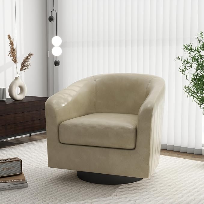 Swivel Barrel Accent Chair, Modern Round Faux Leather Arm Chair for Living Room, Bedroom, Comfy Club Reading Chairs for Adults, Faux Leather, Cream, Set of 1
