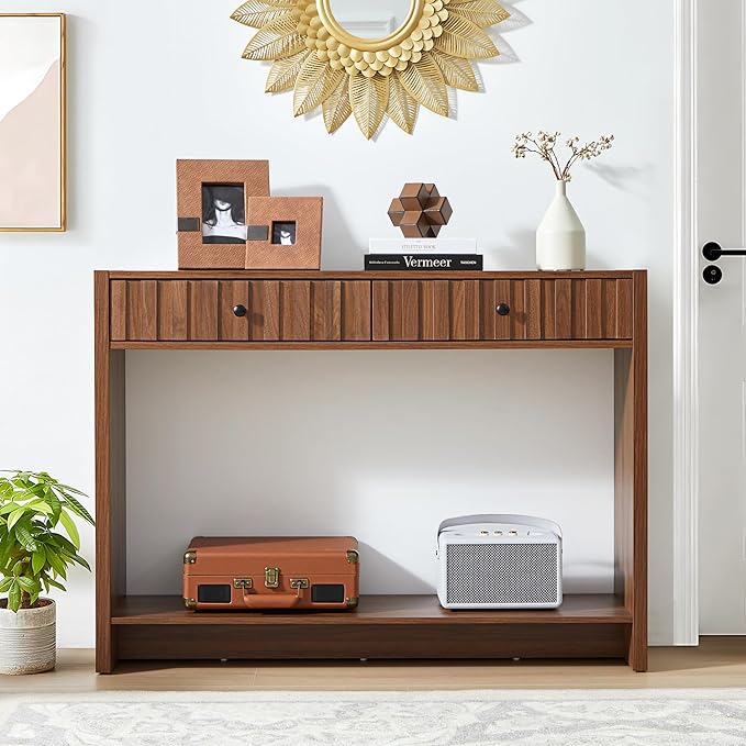 Console Table with Drawers, Narrow Mid-Century Fluted Entryway Table Sofa Table with Storage Shelf, Wood Entry Table Accent Behind Couch Table for Entrance, Hallway, Living Room (Walnut)
