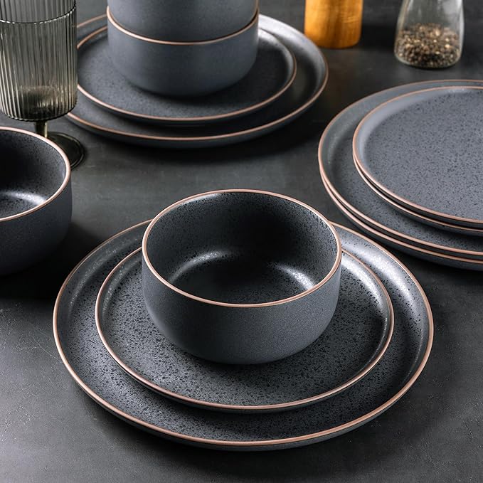 LERATIO Stoneware Dinnerware Sets for 4,Handcarft Ceramic Plates and Bowls Sets,Chip and Scratch Resistant Dishes, Dishwasher & Microwave Safe, Oven safe,Reactive Glaze-Speckled Ashen