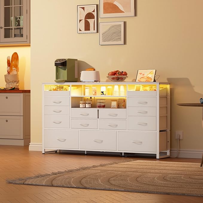 WLIVE White TV Stand for 55, 60, 65 inch TV, Entertainment Center with LED Lights & Charging Station, TV Media Console Table with 15 Fabric Drawers and Open Shelves for Living Room, Hallway, Wood Top