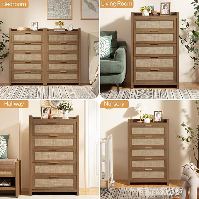 SICOTAS Dresser for Bedroom Chest of Drawers 46" Tall Dresser for Closet with 5 Rattan Drawers Boho Night Stand Large Clothes Storage Cabinet for Living Room Hallway Nursery Entryway