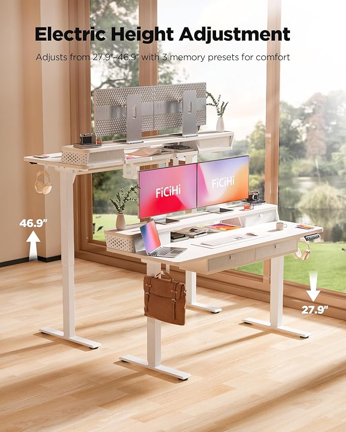 FiCiHi Adjustable Height Standing Desk with 4 Drawers,48 x 24 inches Electric Sit Stand Home Office Desk with Two Tiers, 3 Memory Presets, Monitor Stand Riser, C-Clamp Mount Compatible