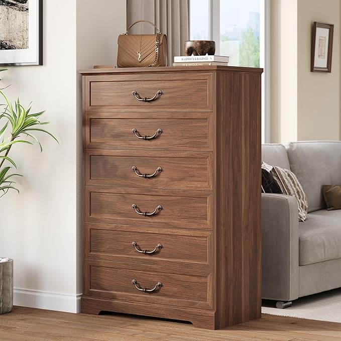 DICTAC Farmhouse 6 Drawers Dresser for Bedroom, 48.2" Tall Dressers Chest of Drawer, Large Storage Closet Organizer with Natural Texture and Vintage Metal Handle, Wooden Vertical Dresser for Hallway