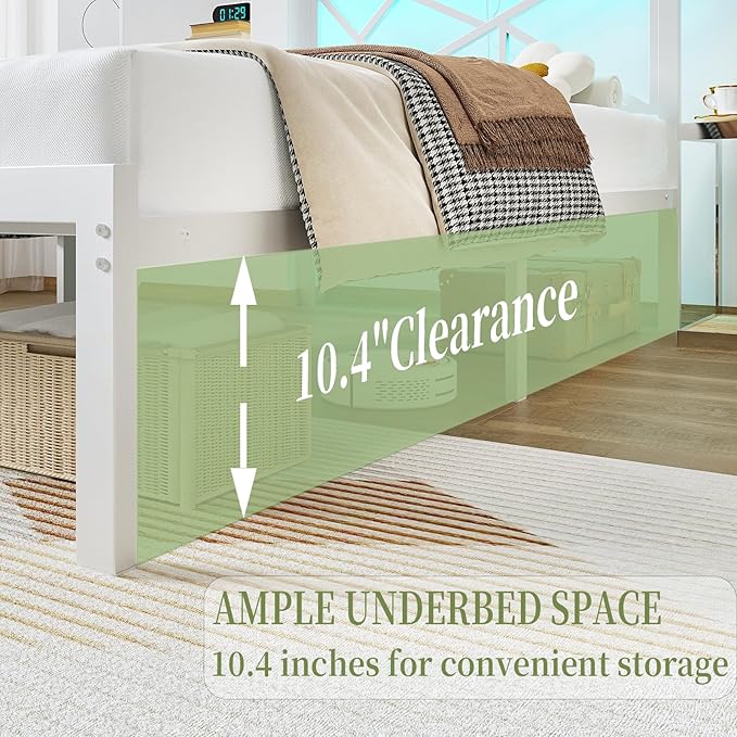 Queen White Metal Bed Frame with USB Charging Station, LED Ambient Lighting, and Wooden Storage Headboard - Includes Under-Bed Storage, No Box Spring Needed, Noise Free, Easy to Assemble