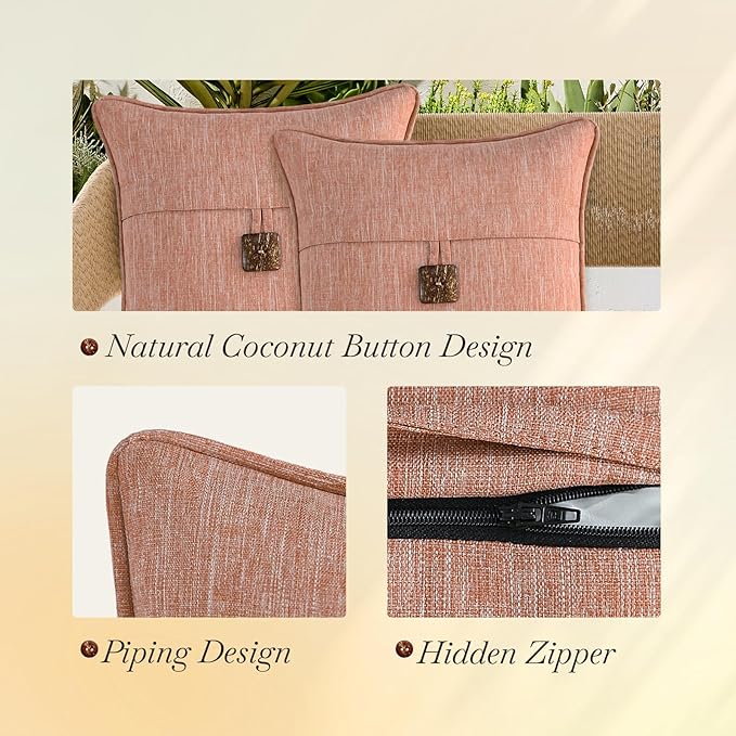 Outdoor Decorative Pillows with Coconut Button Pack of 4, 18" x 18" Outdoor Pillow Set for Couch Bed Throw Patio Sofa, Light Lotus Red
