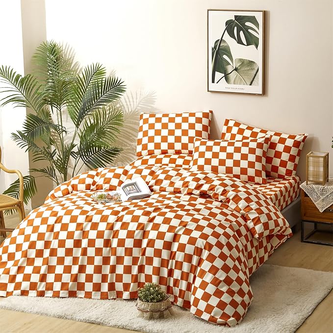 CLOTHKNOW Rust Beige Plaid Twin/Twin XL Comforter Set 3Pcs Grid Bedding Comforter Sets Soft All Season Checker Comforter with 2 x Pillow Cases