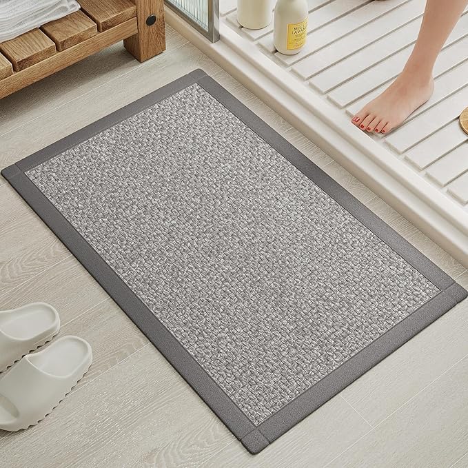 Ultra Thin Quick Dry Bathroom Rugs Mat 24x36, Non Slip Bath Mat for Bathroom Absorbent Bath Mat Floor Rubber Backed Fit Under Door, Woven Washable Bath Rugs, Gray