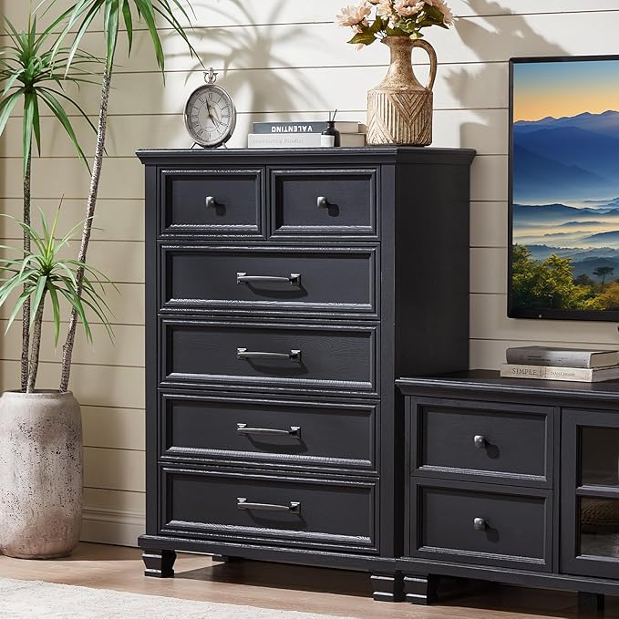 Farmhouse 6 Drawer Dresser for Bedroom, 45 Inch Tall Vintage Wood Chest of Drawers, Rustic Dressers w/Square Wooden Legs, Mid-Century Storage Organizer for Living Room, Hallway, Black