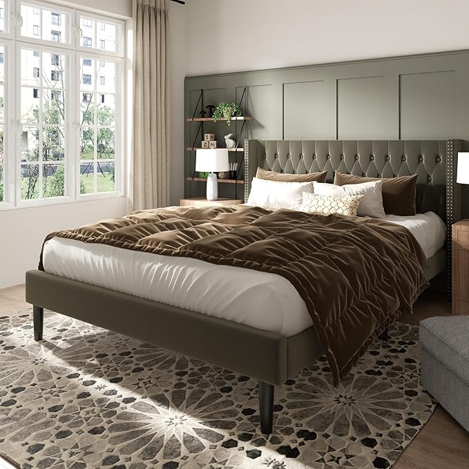King Size Bed Frame, Upholstered Platform Bed with Wingback Headboard, Velvet Button Tufted, Easy Assembly, No Box Spring Needed, Green