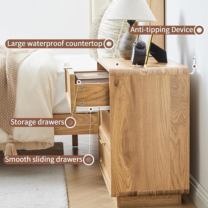 Turtle&Myrtle Modern 3 Drawer Dressers for Bedroom, 26'' Wide Wood Nightstand w/3 Storage Drawers, End Table, Dresser & Chest of Drawers with Curved Profile for Living Room Entryway, Natural