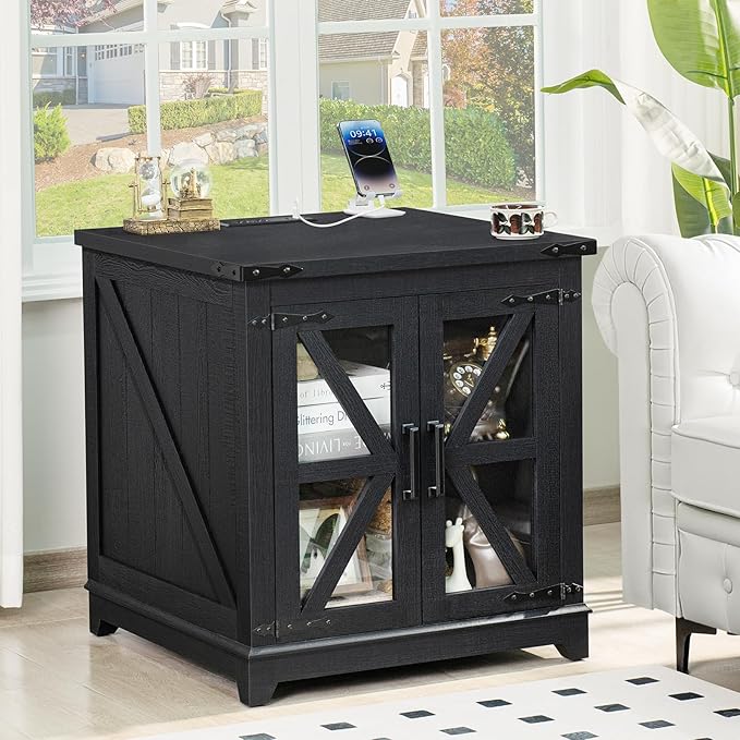 Farmhouse Coffee Table Sets 3 Pieces, Large End Side Tables with Charging Station and Coffee Table with Hidden Storage Compartment, Black Living Room Table Set, Wood Furniture Sets for Home Office