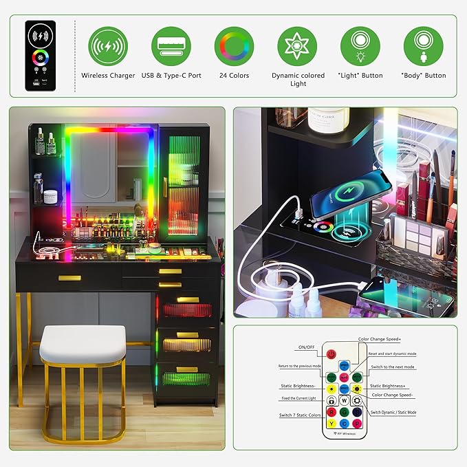 HENBC Vanity with Mirror and LED Lights, Glass Top Vanity Desk with Charging Station(Wireless+USB+Type-C), RGB Makeup Table Set with Stool/Makeup Organizer/6 Drawers (Black)