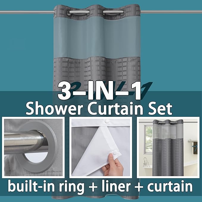 Conbo Mio Stall No Hook Shower Curtain with Snap in Liner Set, Hotel Luxury Grey Shower Curtains for Bathroom with See Through Top Window, Waterproof, Washable 36W x 74H