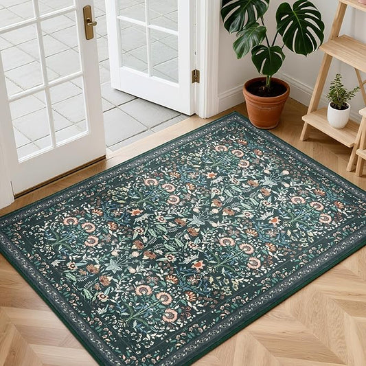 Area Rug Kitchen Rugs, 2X3 Small Washable Rug Floral Modern Kitchen Mats for Floor, Soft Door Mat Indoor Entrance Ultra-Thin, Non-Slip Stain Resistantg Rugs for Entryway, Kitchen, Kids Room, Green